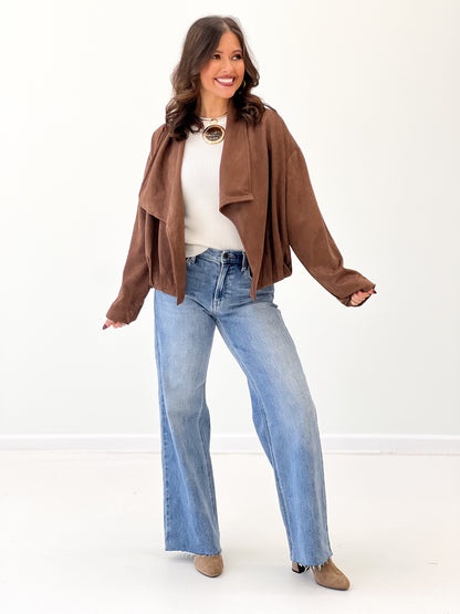 Brown suede collared jacket draped open front with patch pockets