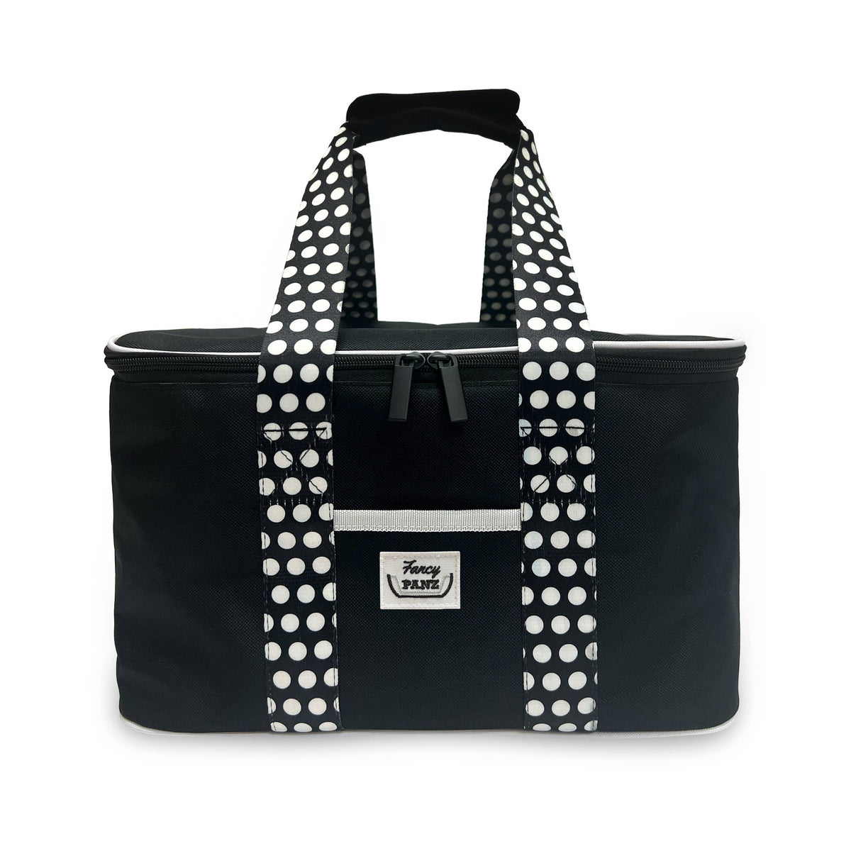 Black insulated travel tote with polka-dot handles and front drawstring pocket