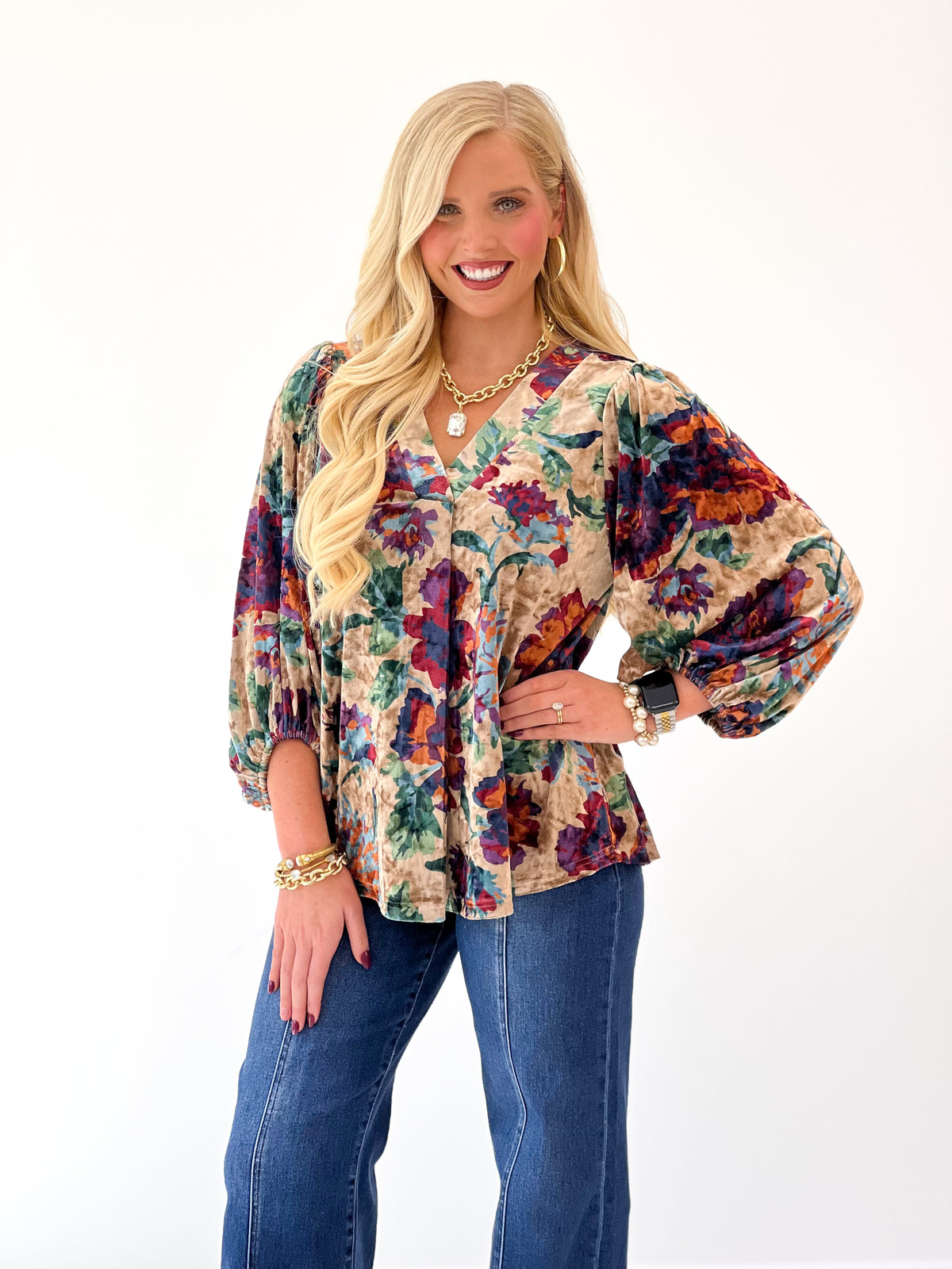Champagne floral velvet V-neck bubble-sleeve top with drapey, puffed sleeves