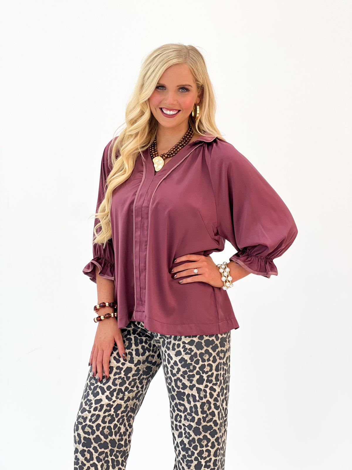 Umgee Collared Puff Sleeve Satin Blouse