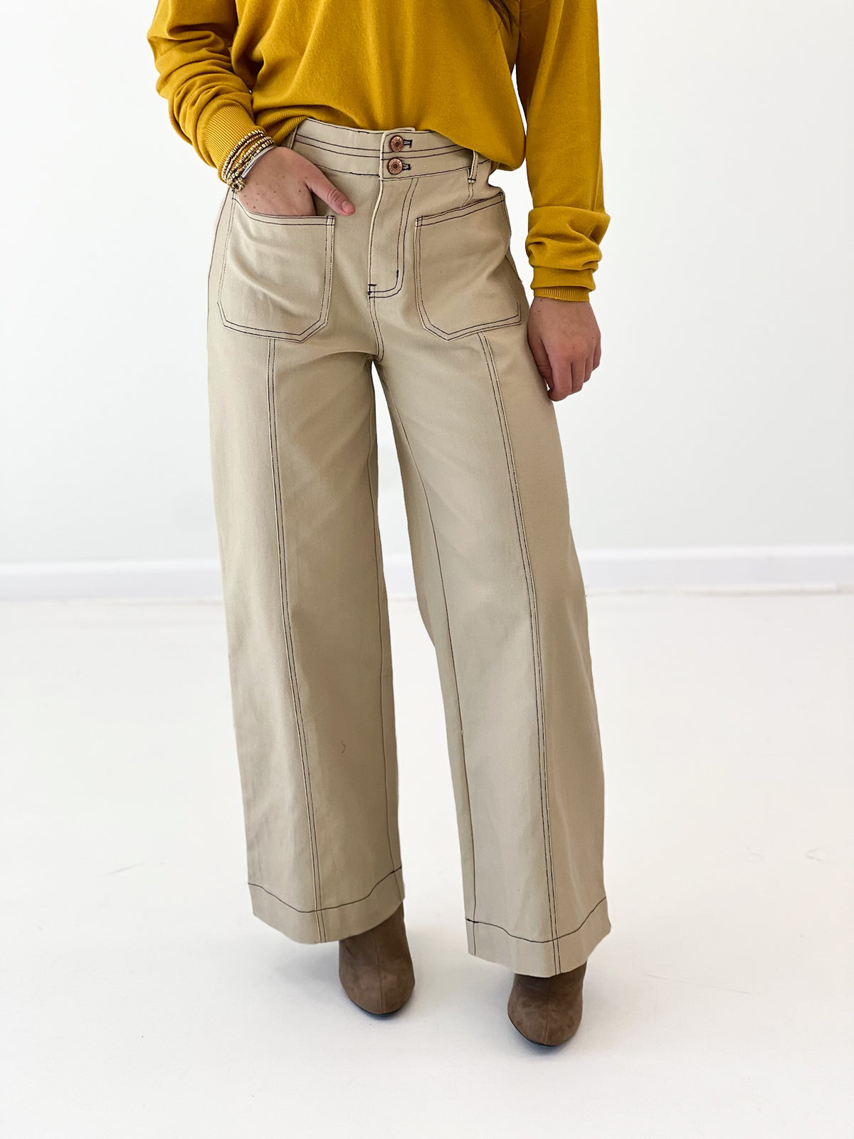 Entro bone pants, light tan with front button-and-zip fly and dual front pockets