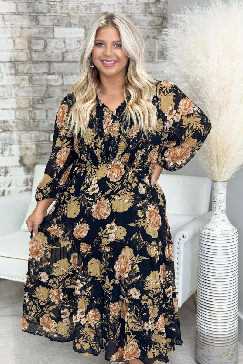 Black Floral Print Smocked Long Sleeve Dress