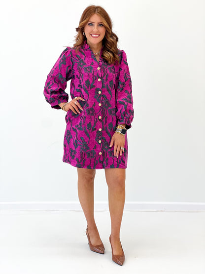 Magenta floral jacquard button-down mini dress with long sleeves and round skirt hem