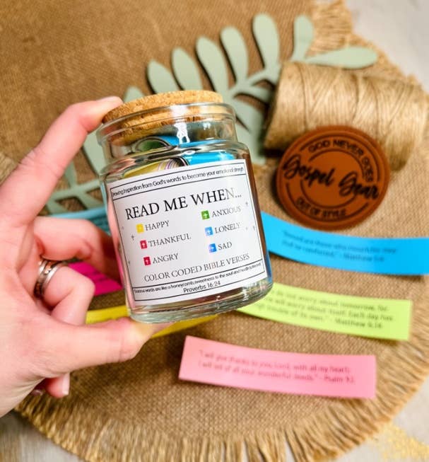 Read Me When Bible Verse Scripture Jar, glass jar with cork topper and color-coded scripture papers