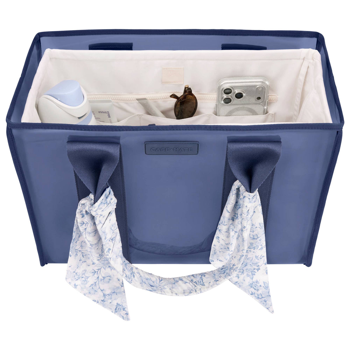 Navy tote organizer insert with open top and two front fabric bow ties