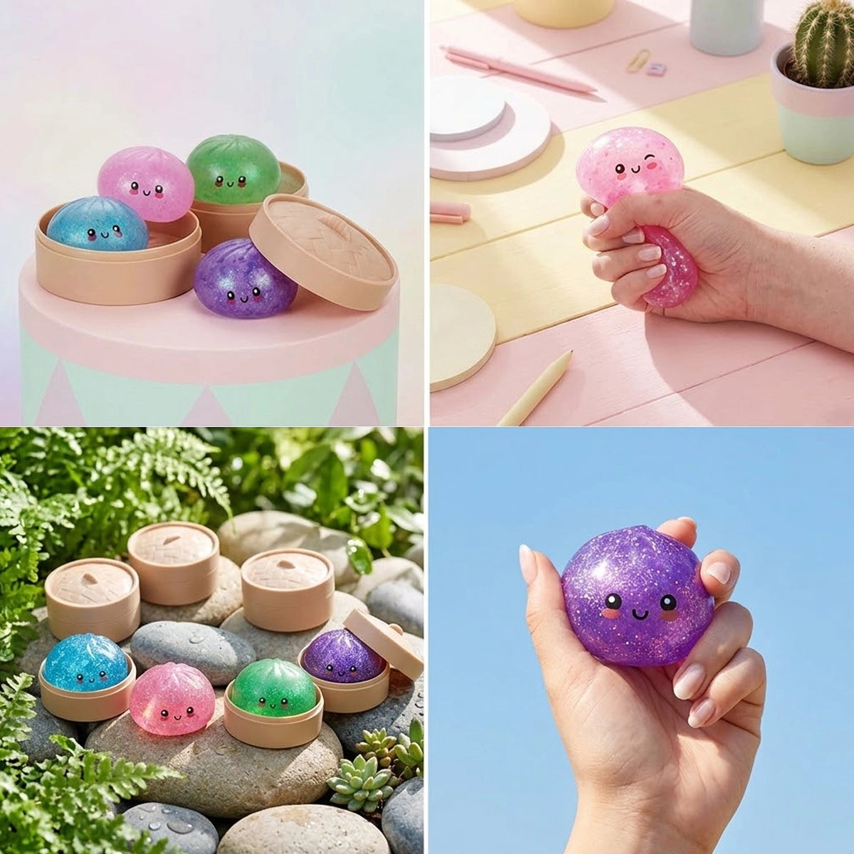 Glitter dumpling squishies in pink, green, blue, and purple, shown in steamers and being squeezed.
