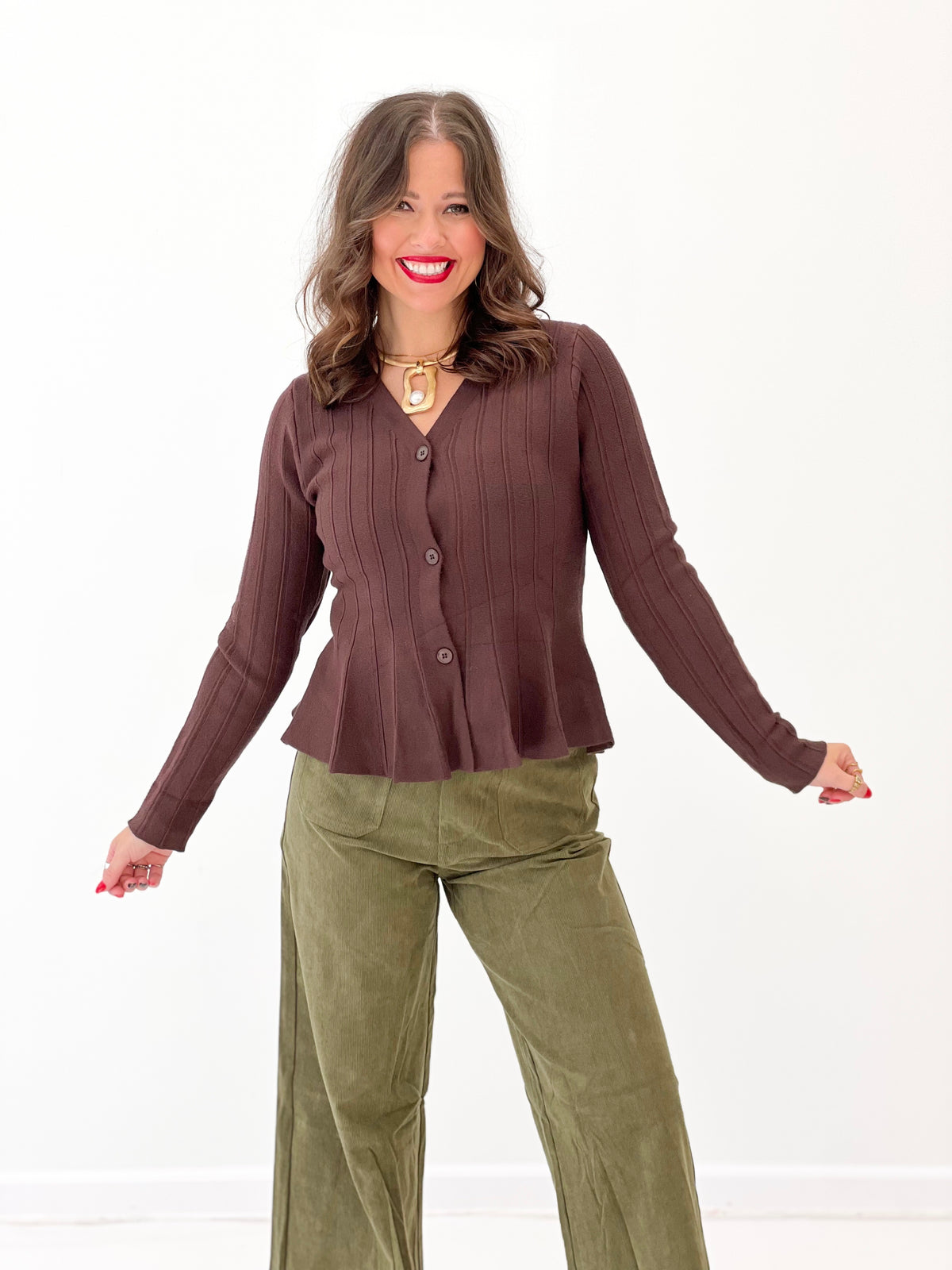 Allie Rose Rib Knit Flared Hem Sweater Cardigan