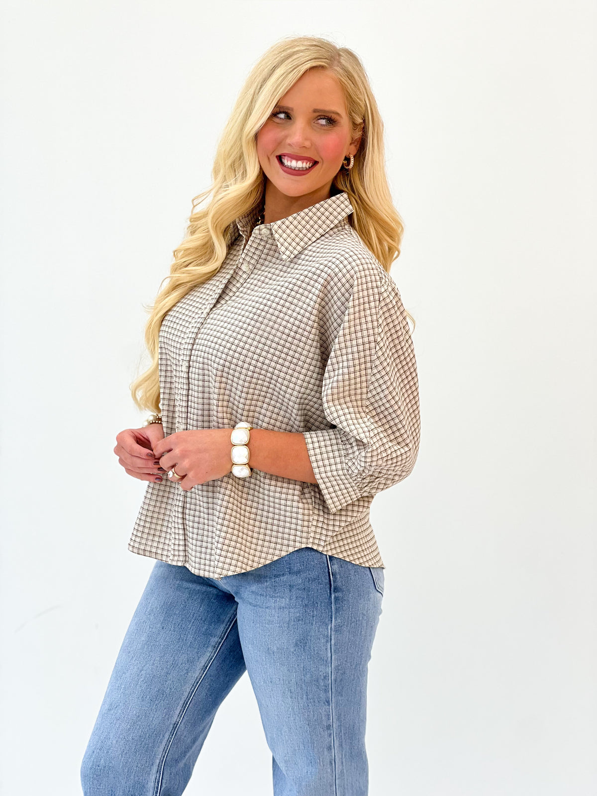 In February Micro Grid Plaid Dolman Button-Down Shirt