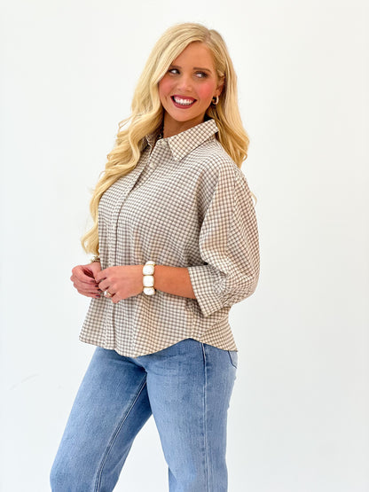 In February Micro Grid Plaid Dolman Button-Down Shirt