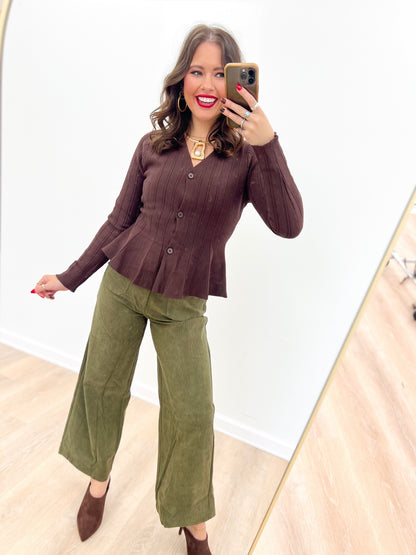 Olive corduroy wide-leg pants, elastic waistband pull-on style