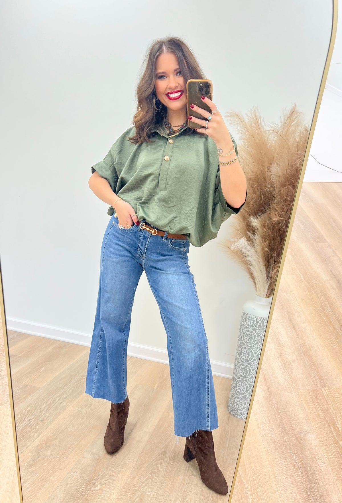 Olive stand-collar button-up short-sleeve top with cuffed sleeves