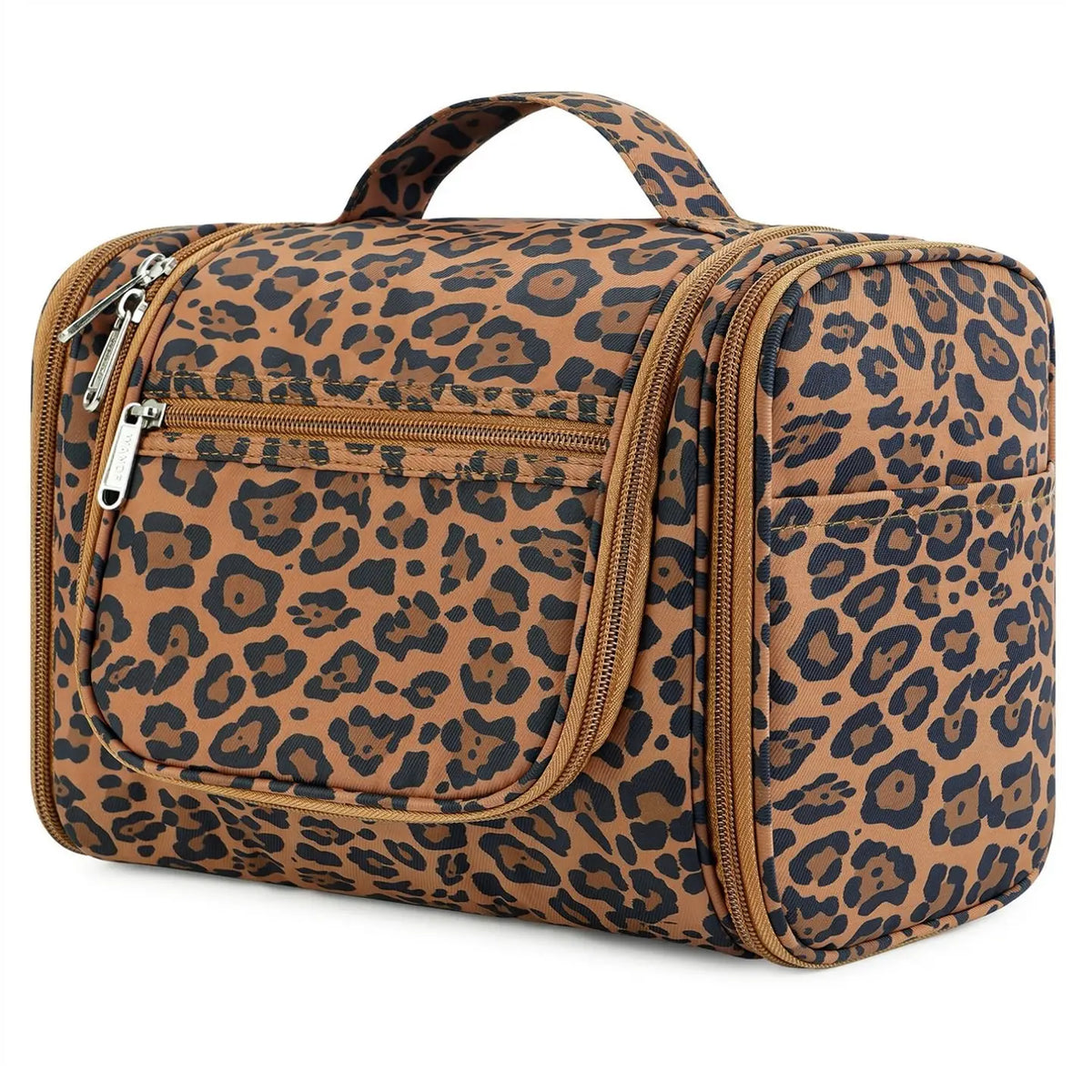 Brown leopard-print hanging toiletry bag with multiple zippered compartments and a top handle.