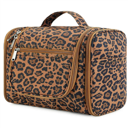 Brown leopard-print hanging toiletry bag with multiple zippered compartments and a top handle.