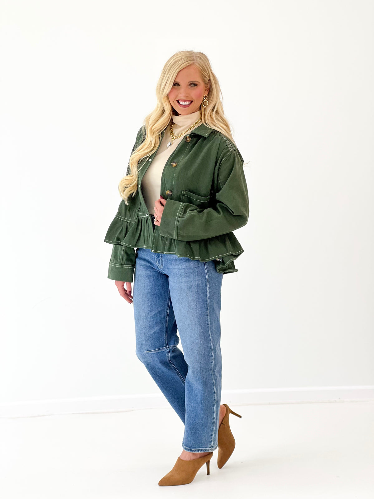Olive oversized denim jacket with ruffled sleeves and peplum hem, button front