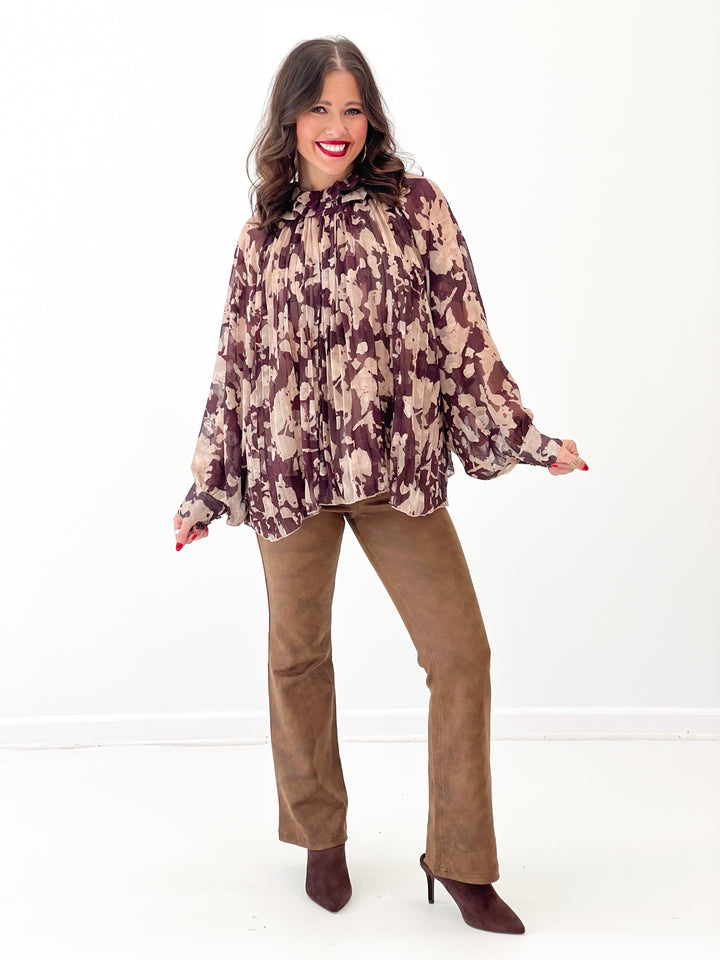 Burnout pleated blouse with ruffled high neckline and flowy lantern sleeves, taupe and dark print