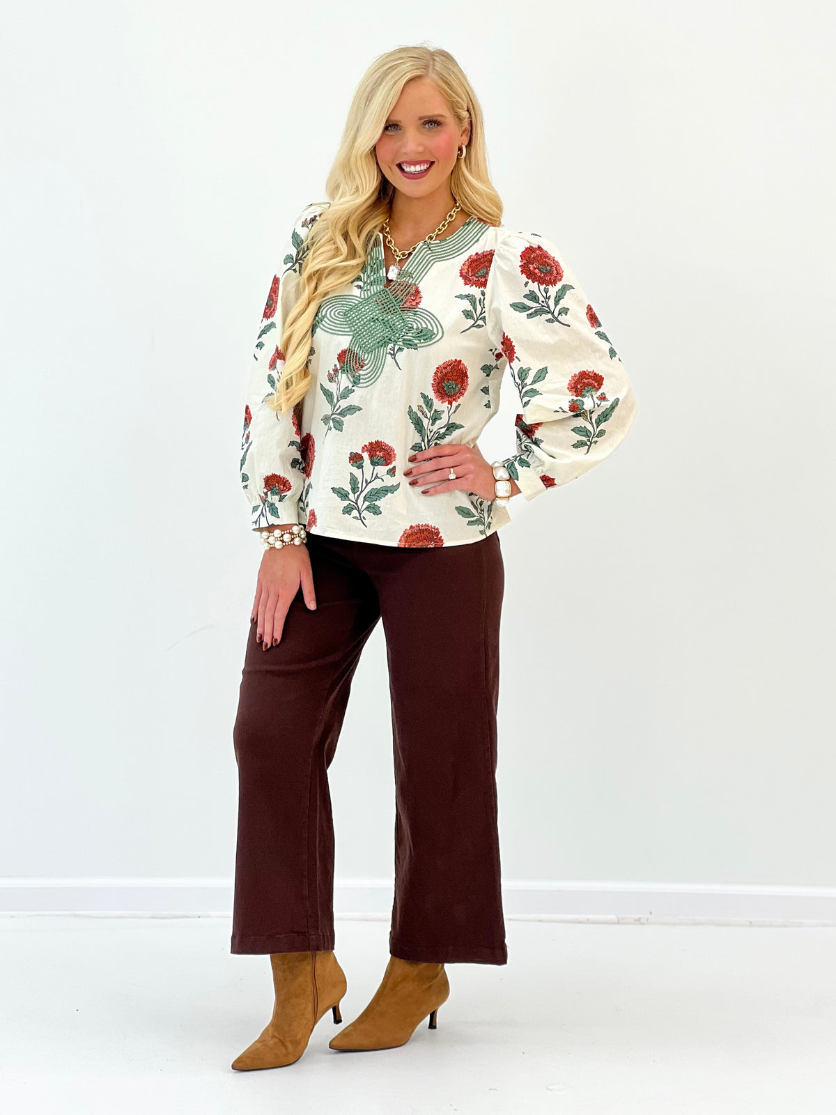 Jodifl Floral Embroidered Notched V-Neck Top