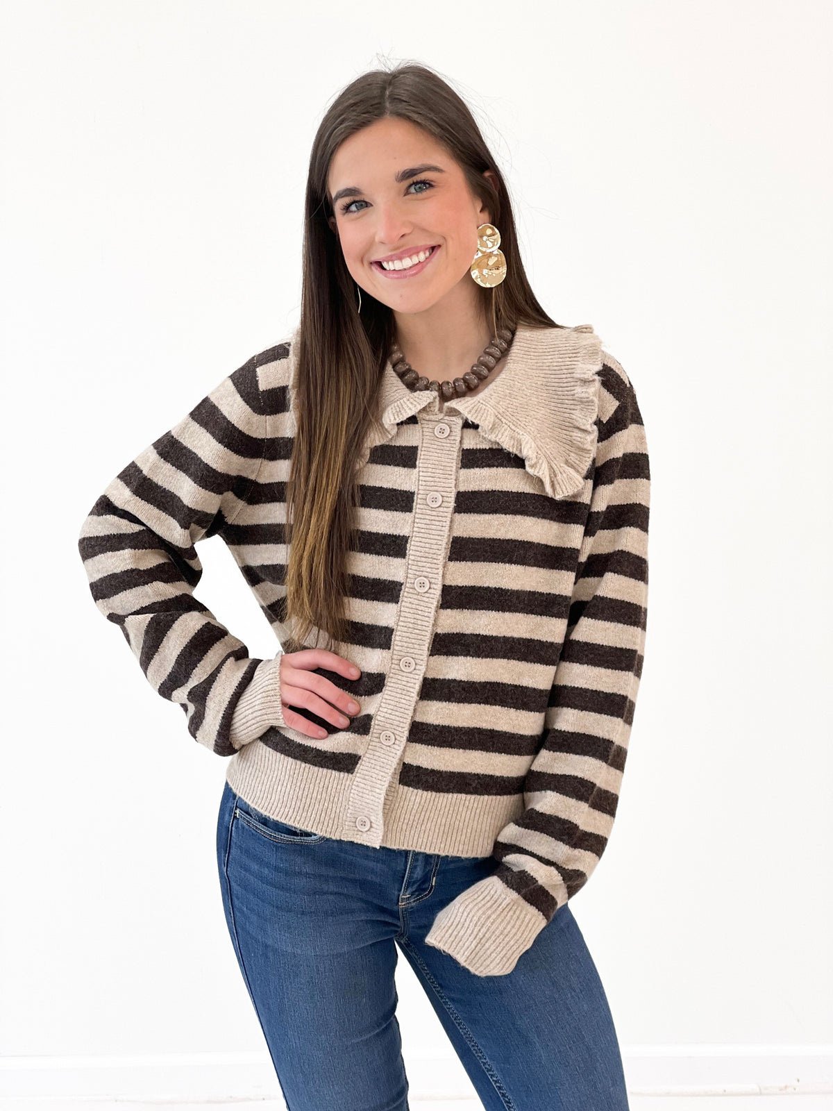 Oatmeal and black striped sweater cardigan with ruffled collar and button-front, long sleeves