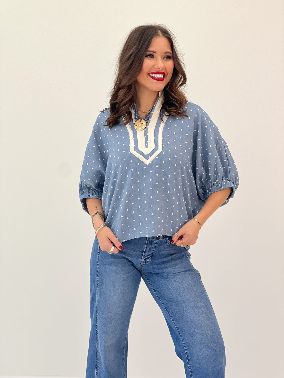 Heimish Polka Dot Contrast V-Neck Top