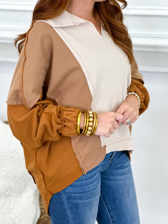 Taupe Combo V-Neck Seam Long Sleeve Top