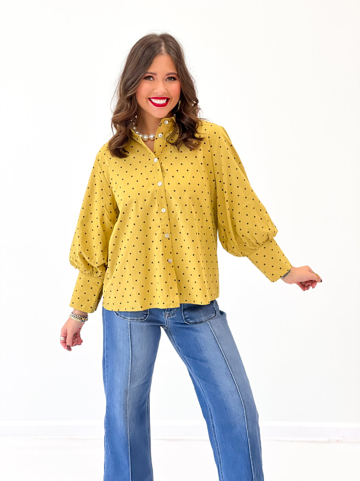 Jodifl Polka Dot Bishop Sleeve Button Down Top