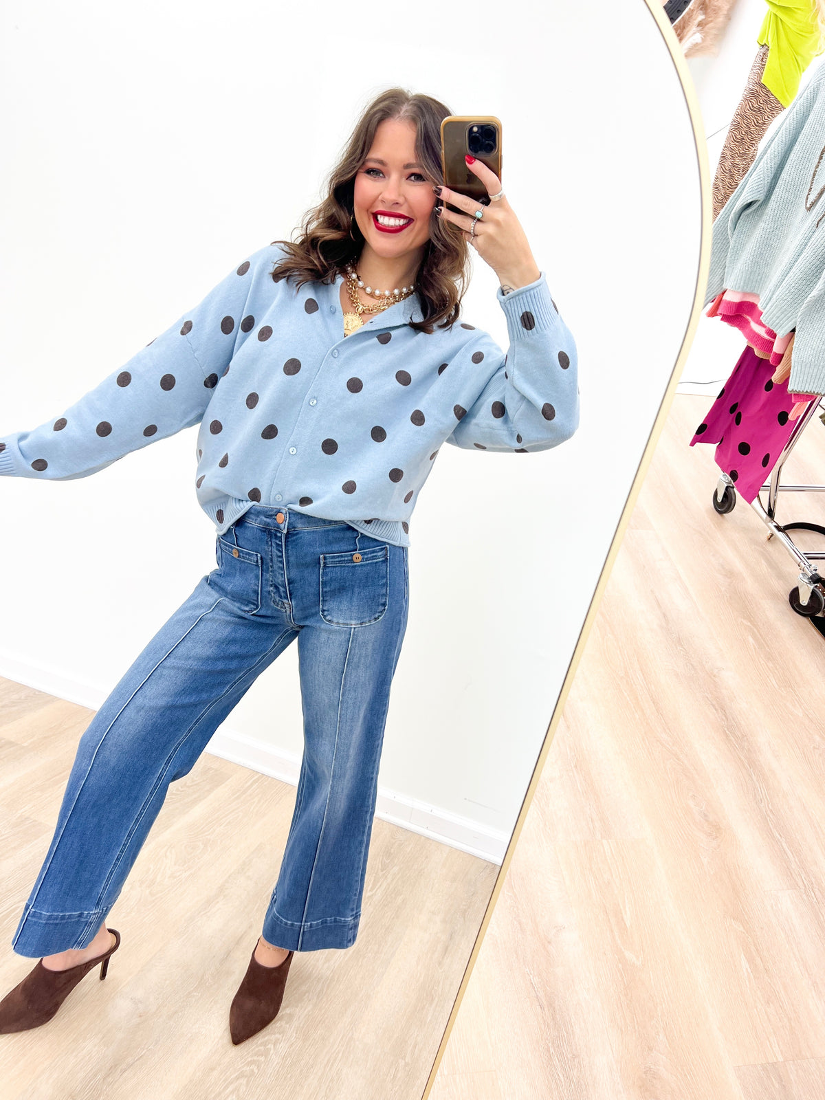 Polka dot knit cardigan, light blue sweater with button-front and long sleeves