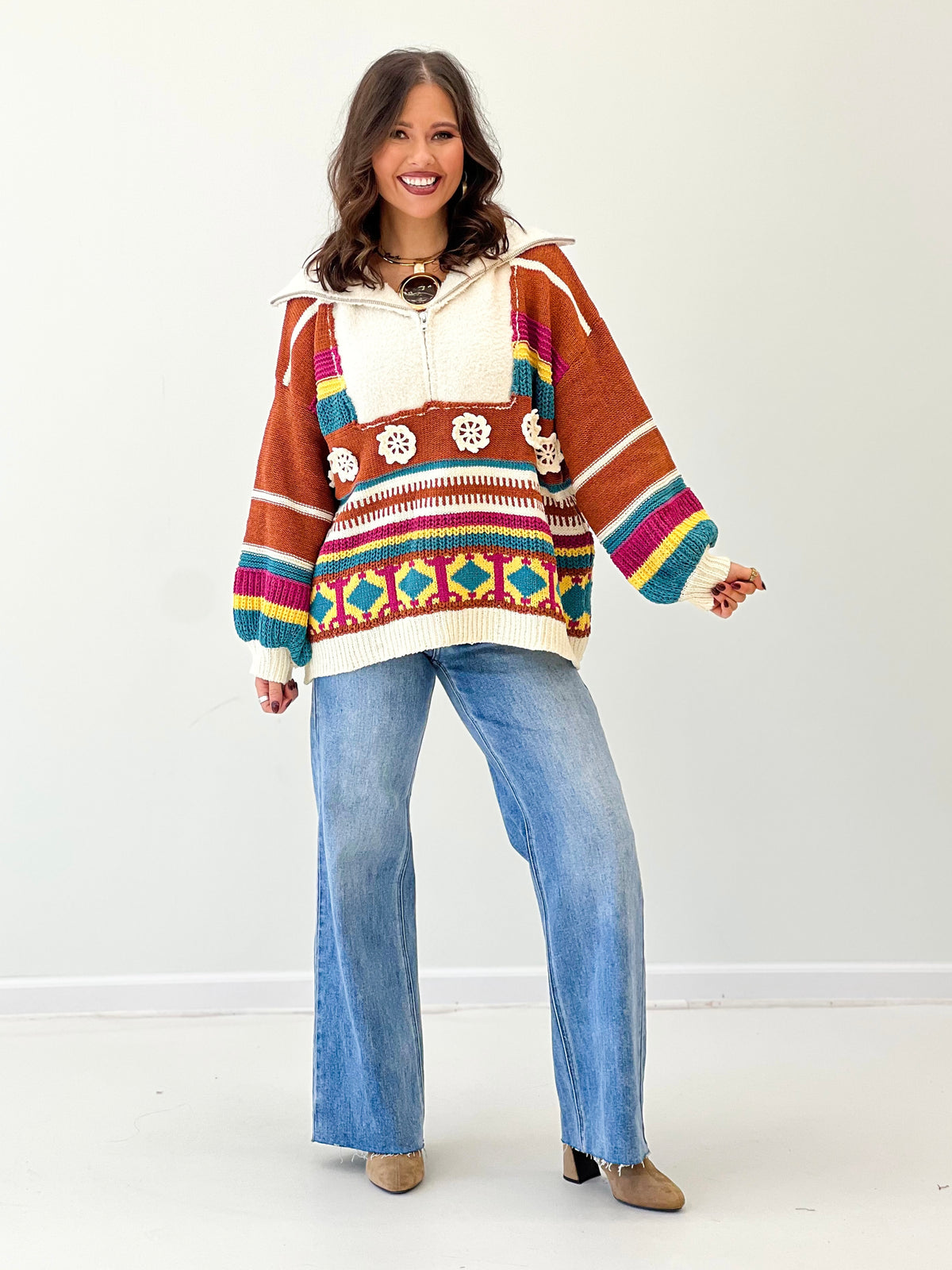 Brick multi half-zip hooded knit sweater with striped bands and multicolor cuffs