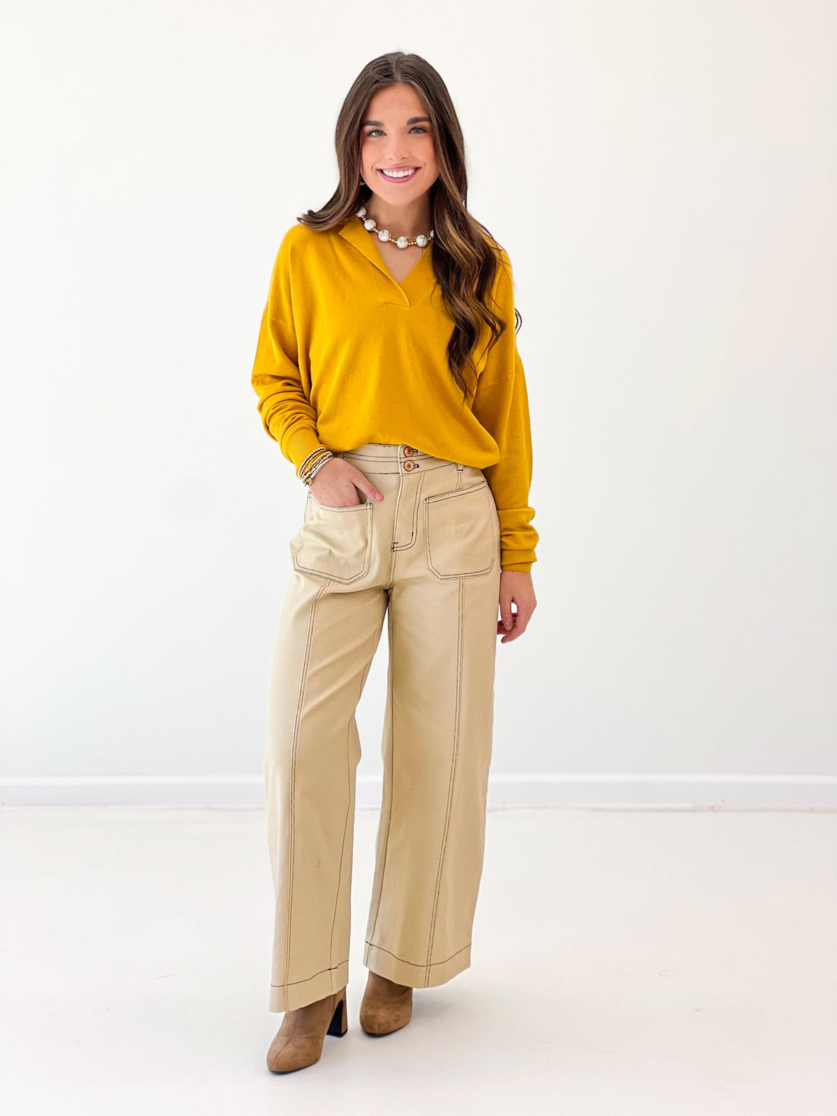 Mustard cashmere-blend johnny-collar long-sleeve top in relaxed fit