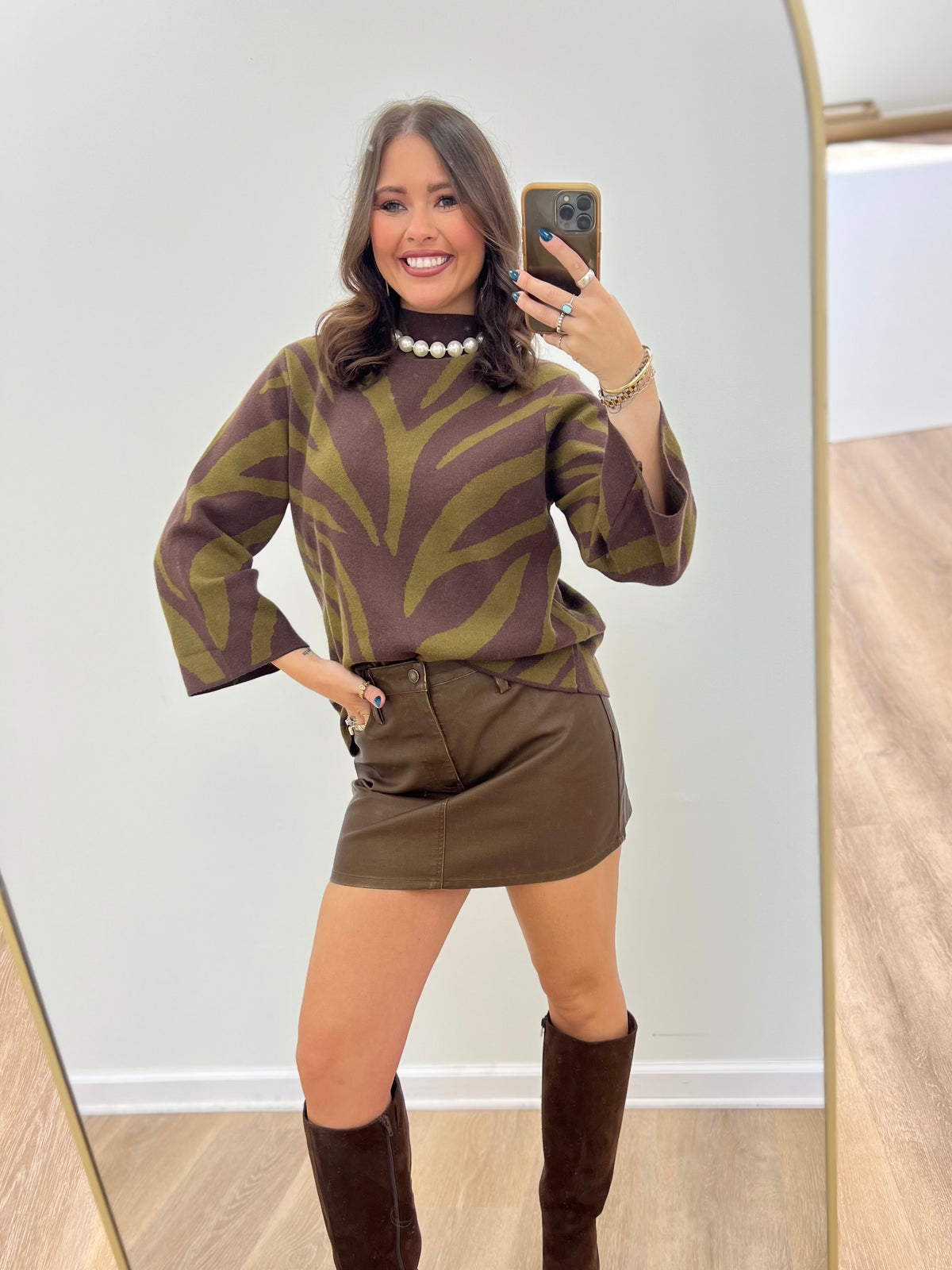 Olive abstract animal print mock neck pullover sweater top with 3/4-length sleeves