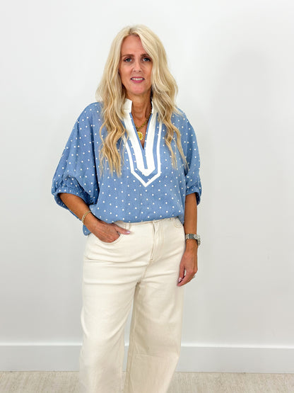 Heimish Polka Dot Contrast V-Neck Top