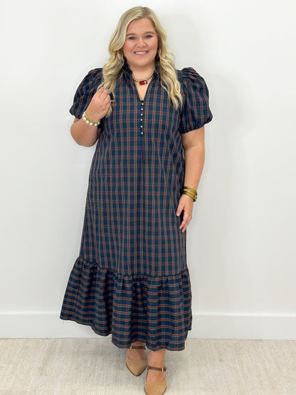 Plaid midi dress with puff sleeves, button-front bodice, and ruffled collar
