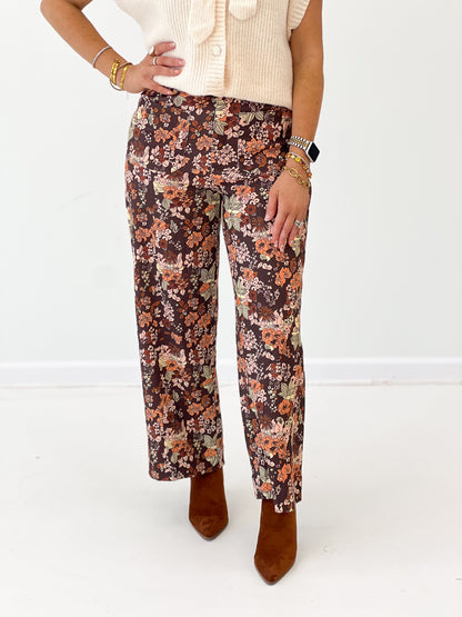 Brown multi floral wide-leg pants with elastic waist and side pockets