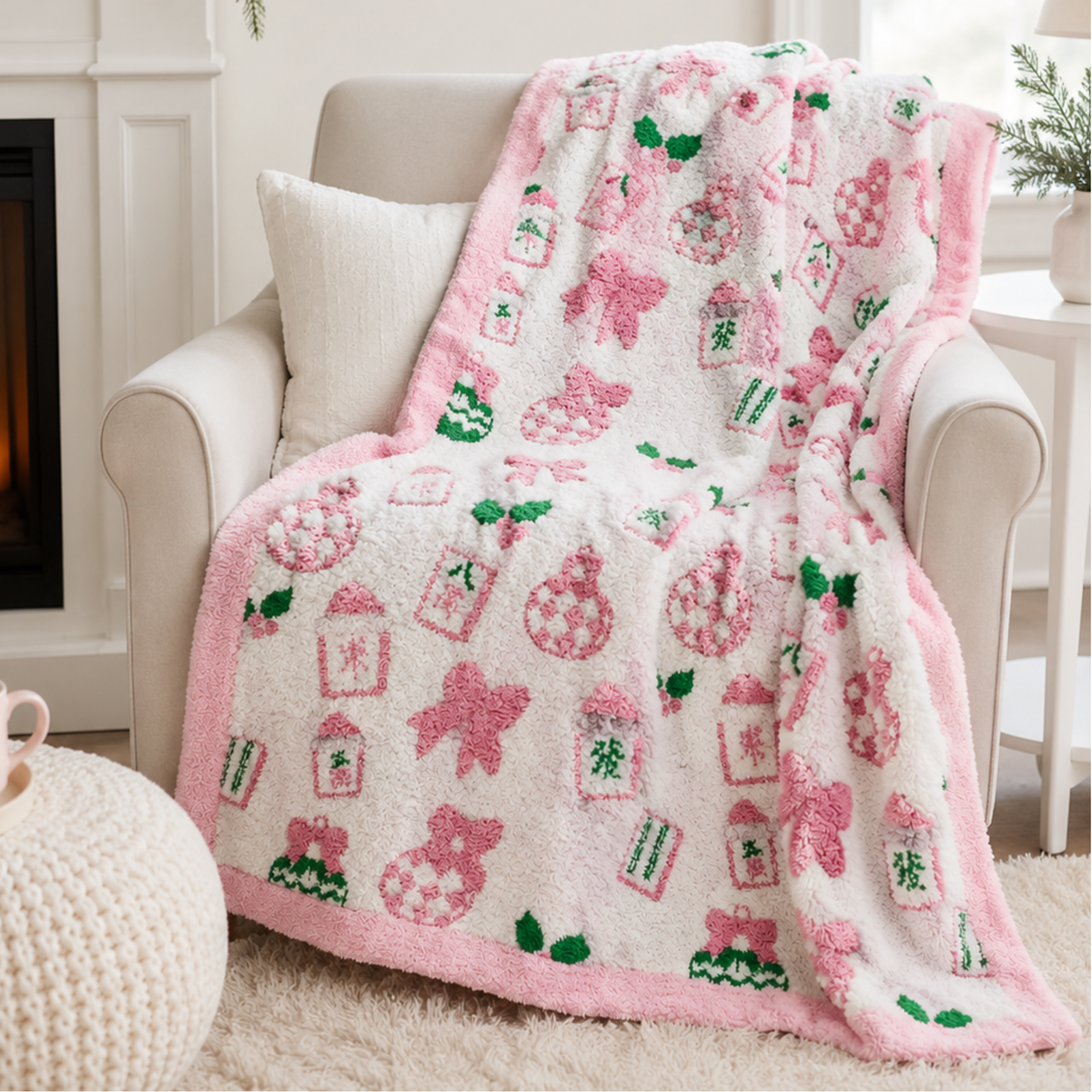 Pink and white Thomas and Lee soft blanket draped over an armchair with candy and tree icons.