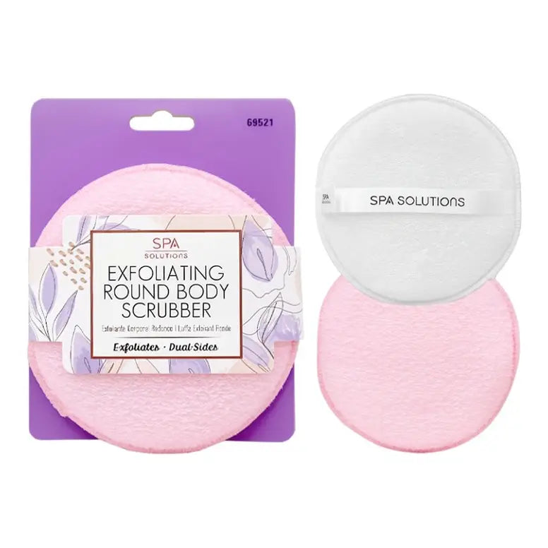CALA pink round body scrubber with white and pink pads beside its retail packaging