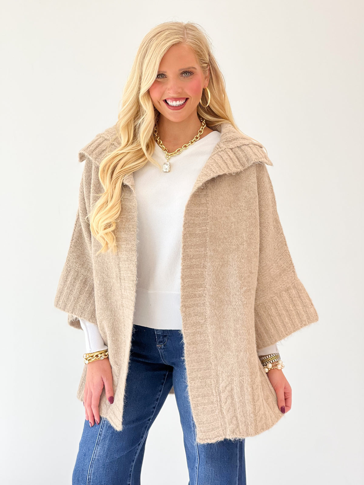 Oatmeal oversized ribbed knit open-front cardigan with shawl collar