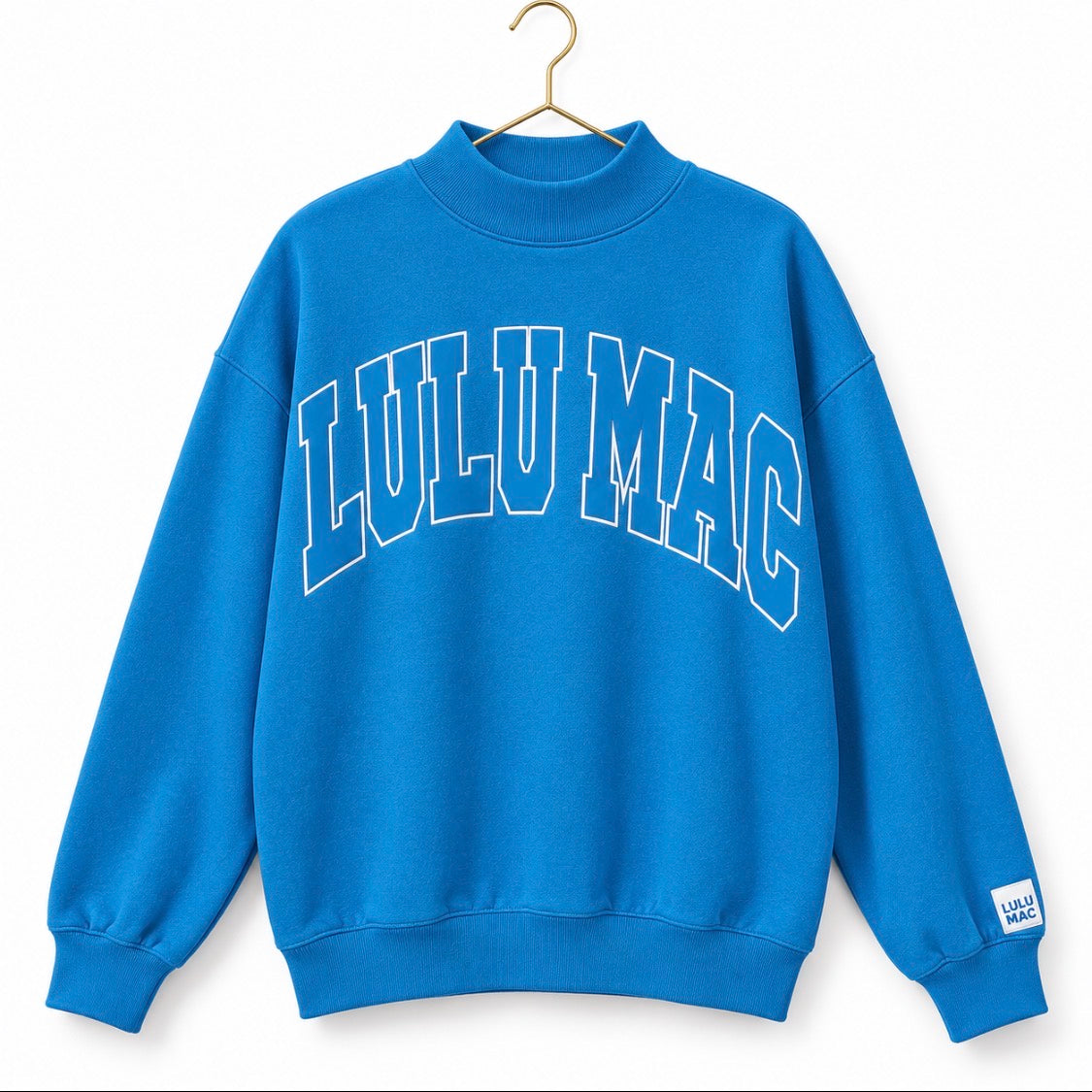 Bright blue terry mockneck pullover sweatshirt, front logo and long sleeves