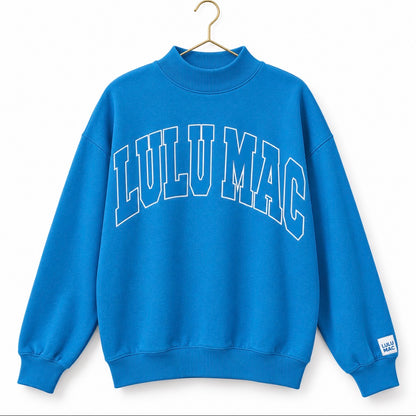Bright blue terry mockneck pullover sweatshirt, front logo and long sleeves
