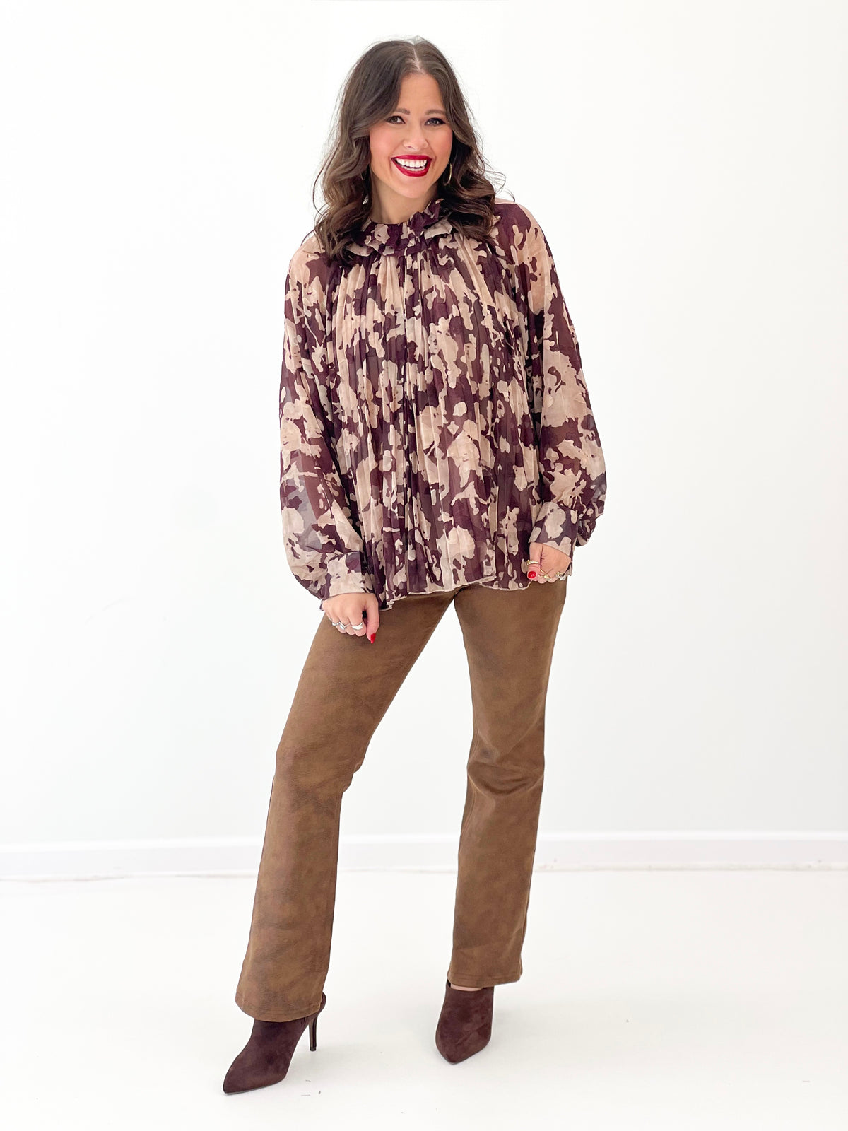 Burnout pleated lantern-sleeve top with standing collar, taupe and dark abstract print