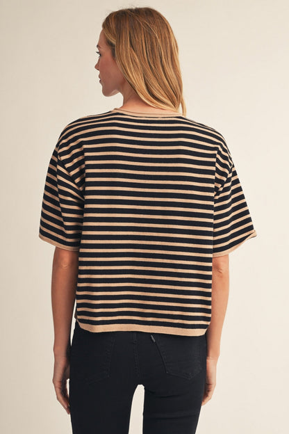 Jodifl Striped Button Up Short Sleeve Sweater Top in Black