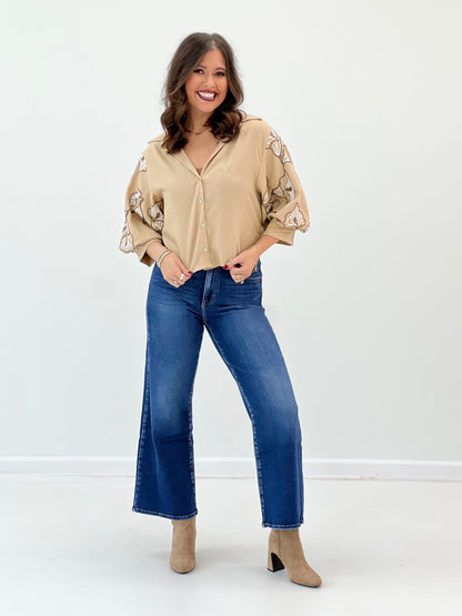 Taupe puff-sleeve button shirt with lapel collar and embroidered sleeves