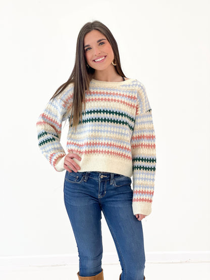 Cream multi striped cropped sweater with long sleeves and crew neck