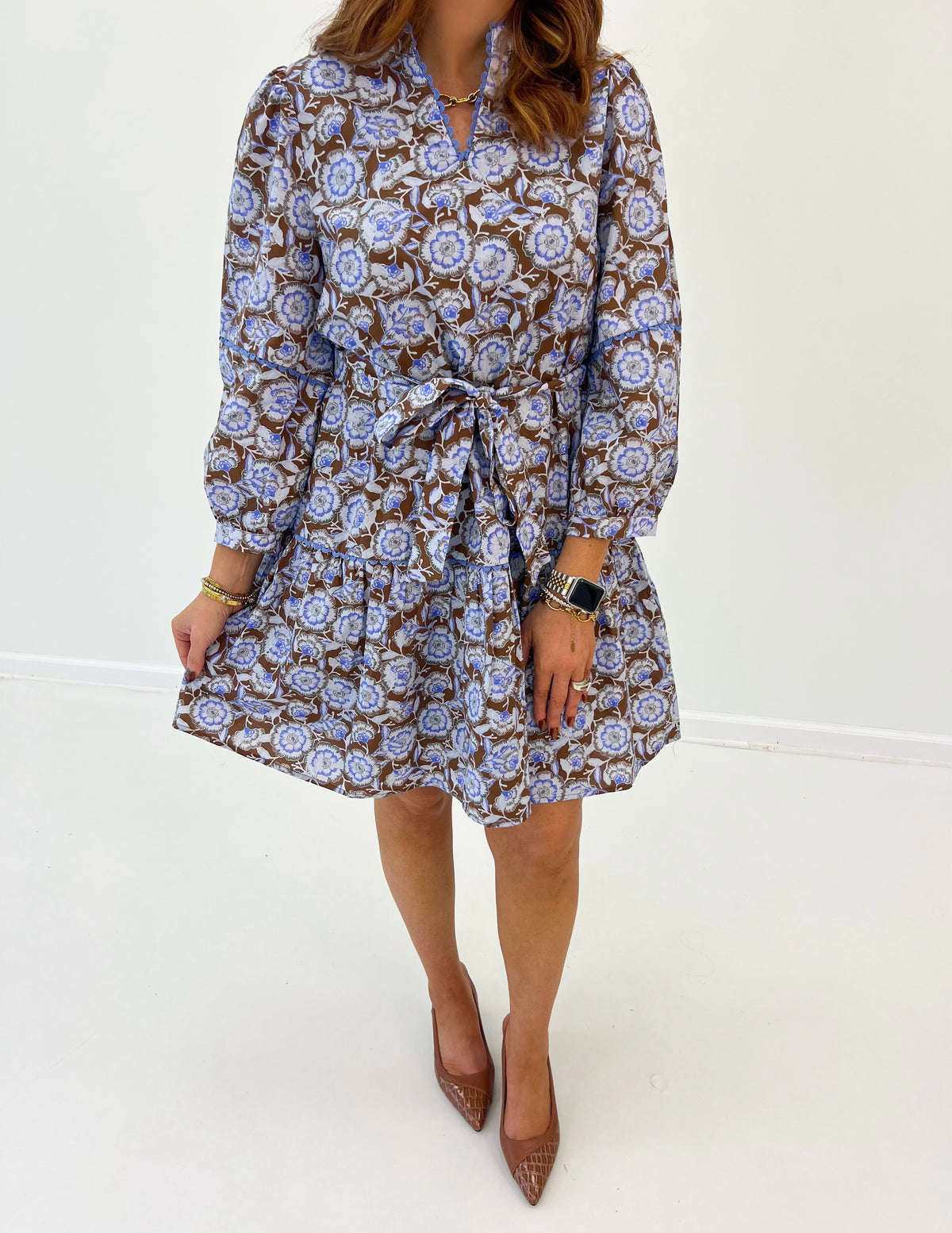 Jodifl Floral Scalloped V-Neck Front Waist Tie Dress
