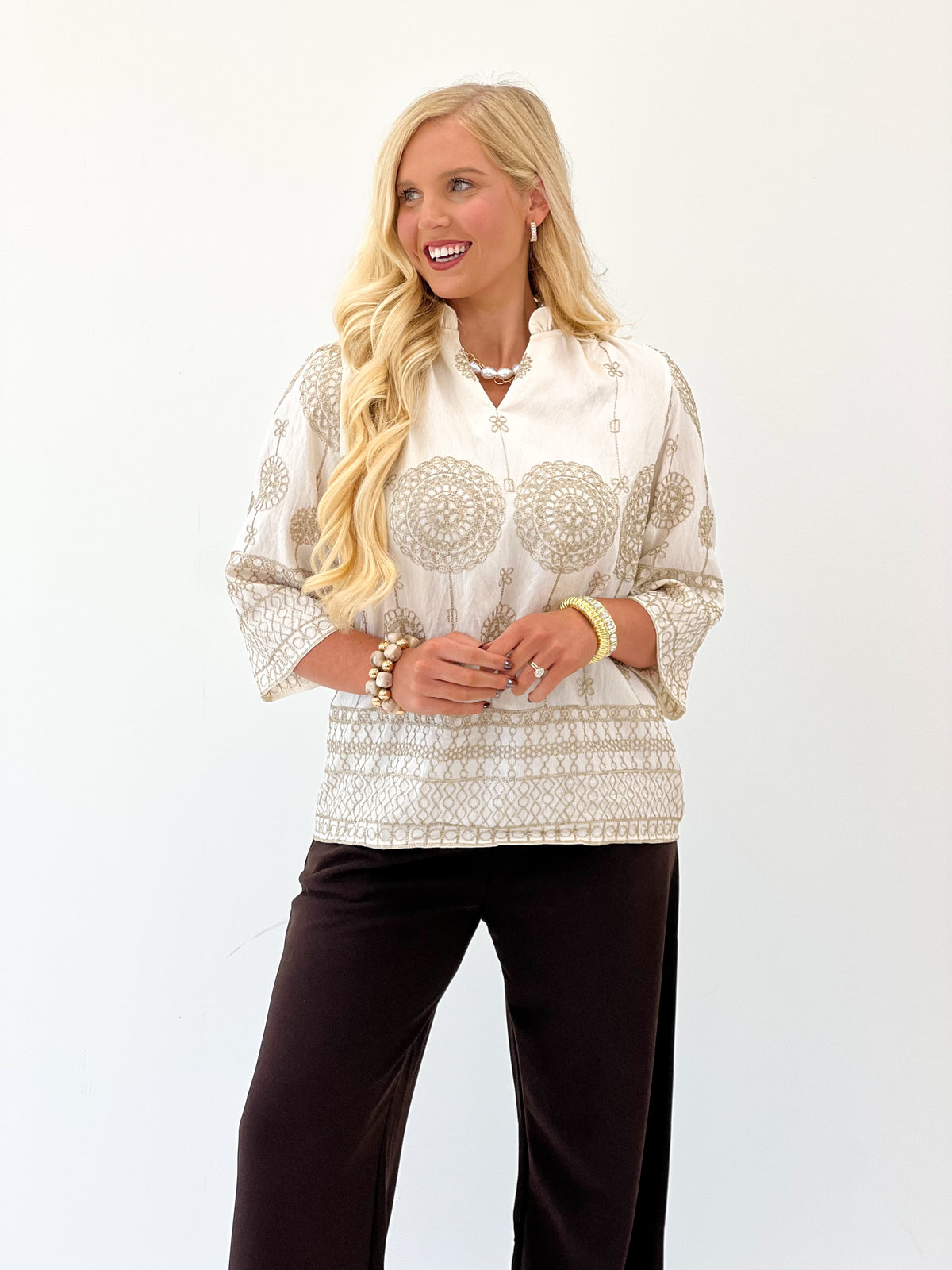 Gigio metallic embroidered V-neck blouse, ivory with embellished yoke and long sleeves