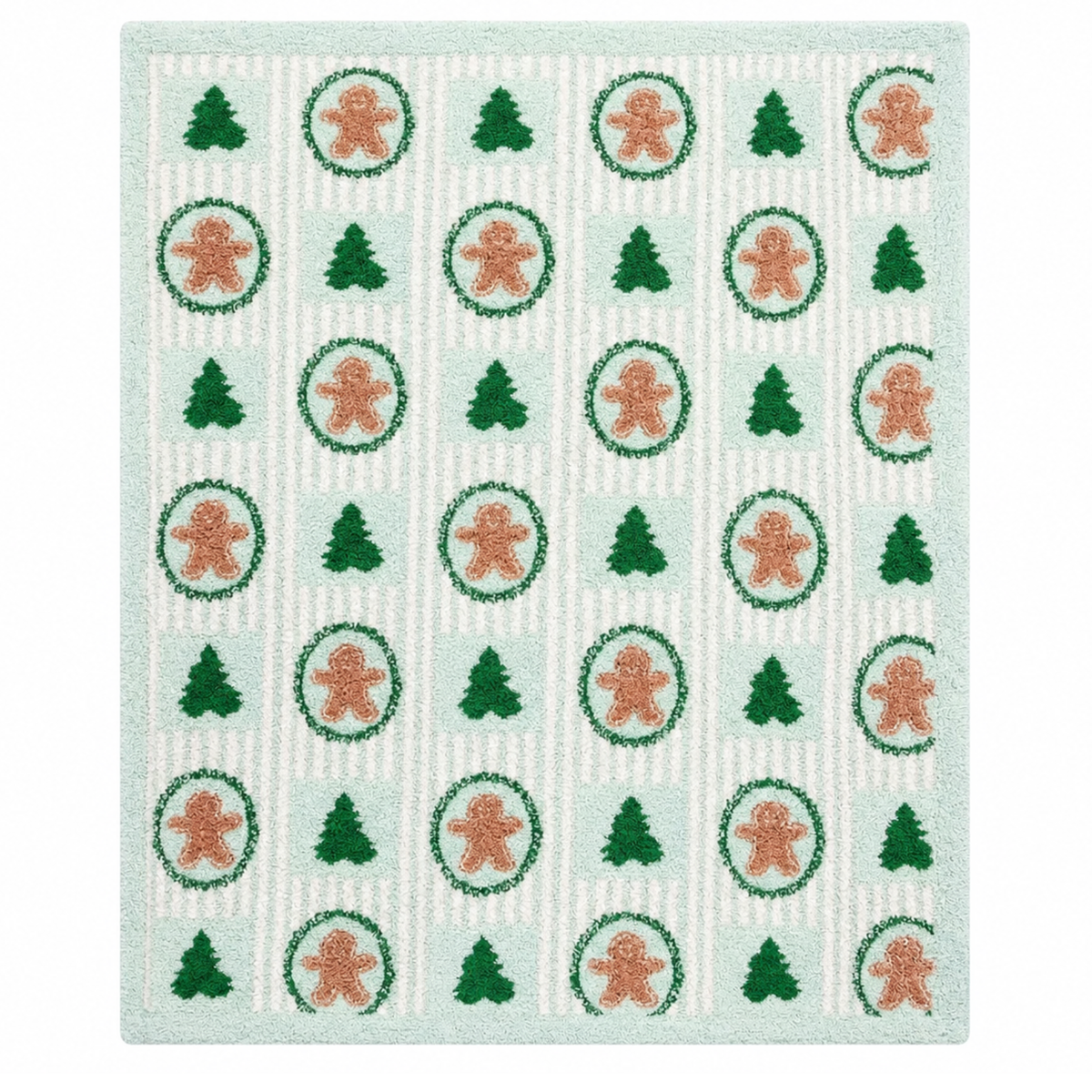 Thomas and Lee soft blanket with mint pattern of gingerbread cookies and green tree icons.