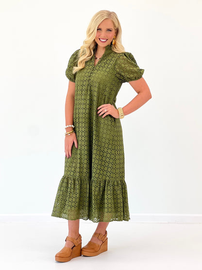 Entro Eyelet Puff Sleeve Maxi Dress