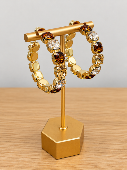 Gold-tone hoop earrings with mixed amber and clear faceted gemstone beads