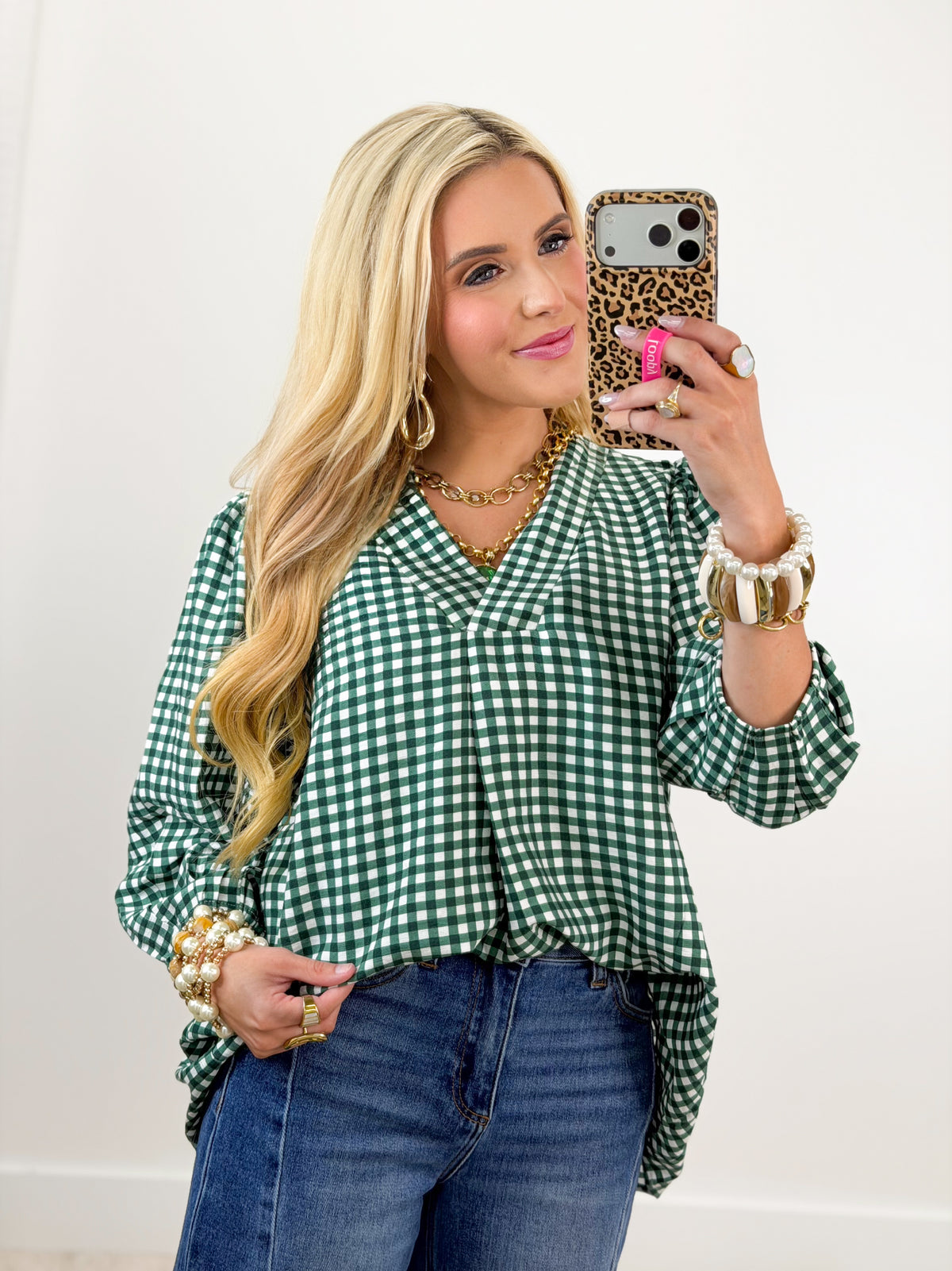 Long sleeve checkered V-neck top, green and white gingham.