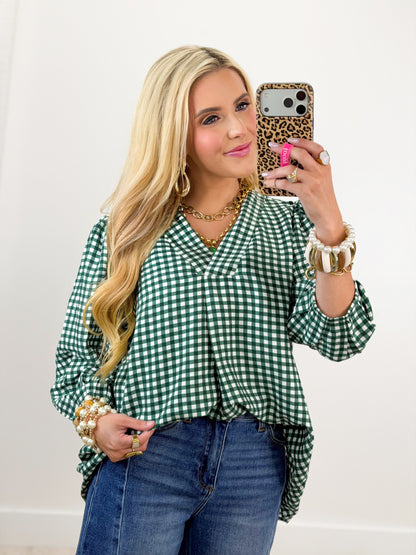 Long sleeve checkered V-neck top, green and white gingham.