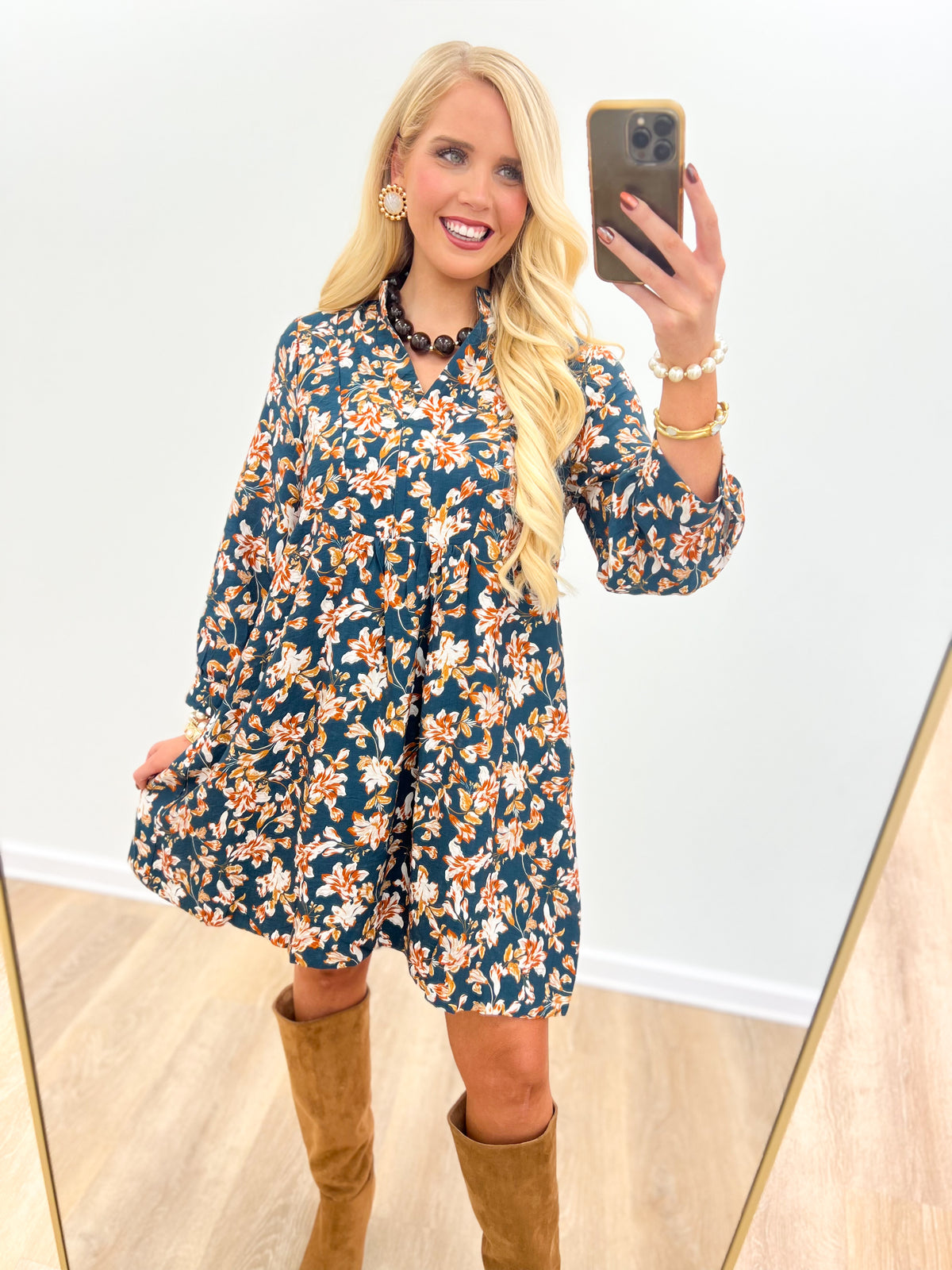 Teal floral V-neck baby doll dress with long sleeves and ruffled neckline