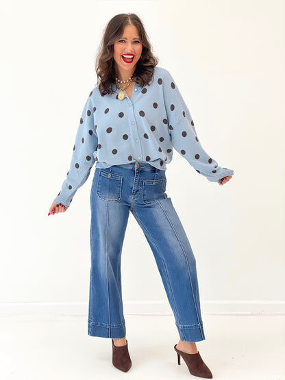 Polka dot knit cardigan, light blue long sleeves with button-front closure
