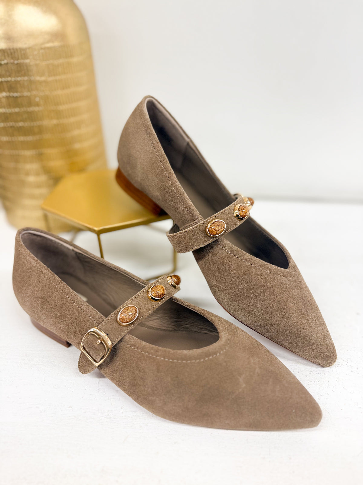 Taupe suede pointed stud flats with gold buckle strap and coin detailing